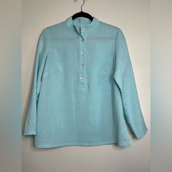 Mary G. Palm Beach XS Blue Blouse Floral Buttons Long Sleeve Pullover‎ Top - Picture 1 of 7